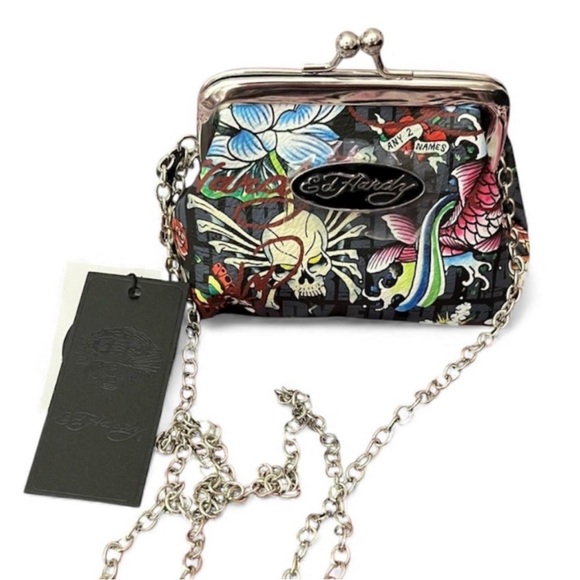 Ed Hardy Handbags - Ed Hardy Floral Skull Clutch with Chain